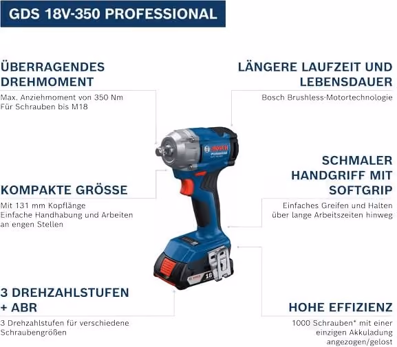 Bosch Professional GDS 18V-350 Akku-Drehschlagschrauber in Blau, ohne Akku