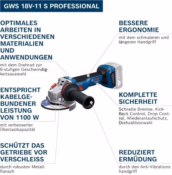 Bosch Professional GWS 18V-11 Akku-Winkelschleifer in Blau, ohne Akku