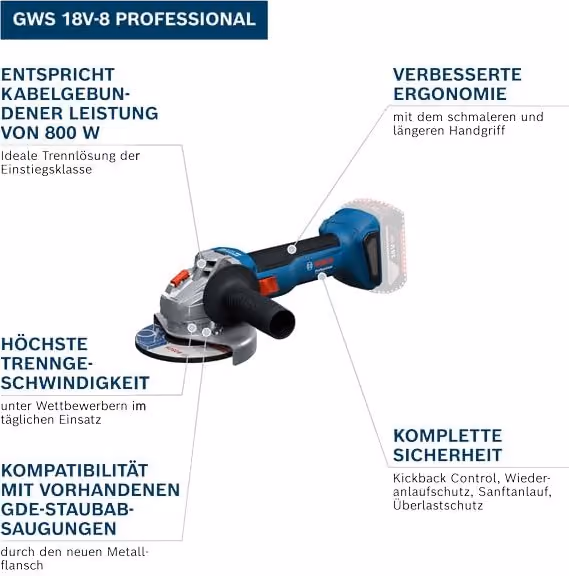 Bosch Professional GWS 18V-8 Akku-Winkelschleifer in Blau, ohne Akku