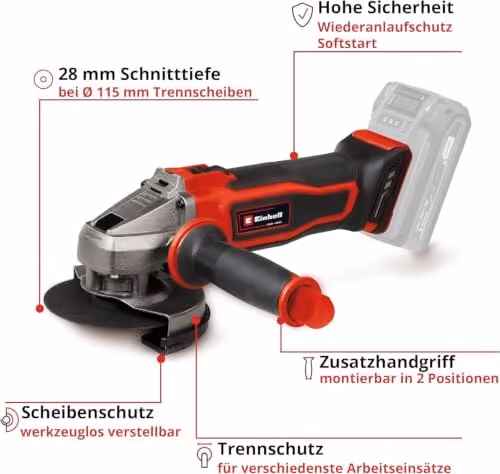 Einhell TE-AG 18/115-2 Li Akku-Winkelschleifer in Rot und Schwarz, ohne Akku