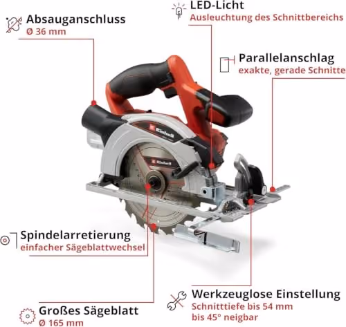 Einhell TE-CS 18/165-1 Li Akku-Handkreissäge in Rot und Schwarz, ohne Akku