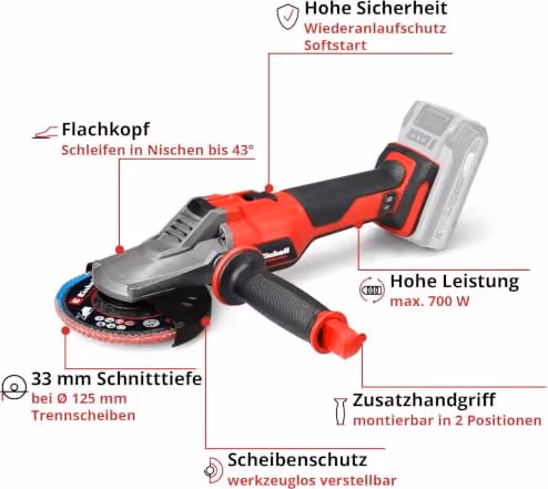 Einhell Professional TP-AG 18/125 F Li BL Flachkopf-Winkelschleifer in Rot und Schwarz, ohne Akku