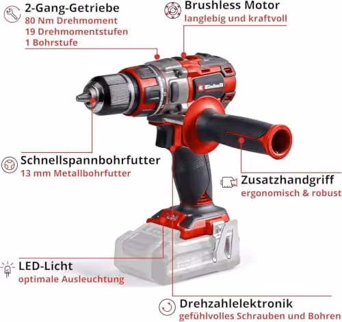 Einhell Professional TP-CD 18/80 Li BL Akku-Bohrschrauber in Rot und Schwarz, ohne Akku