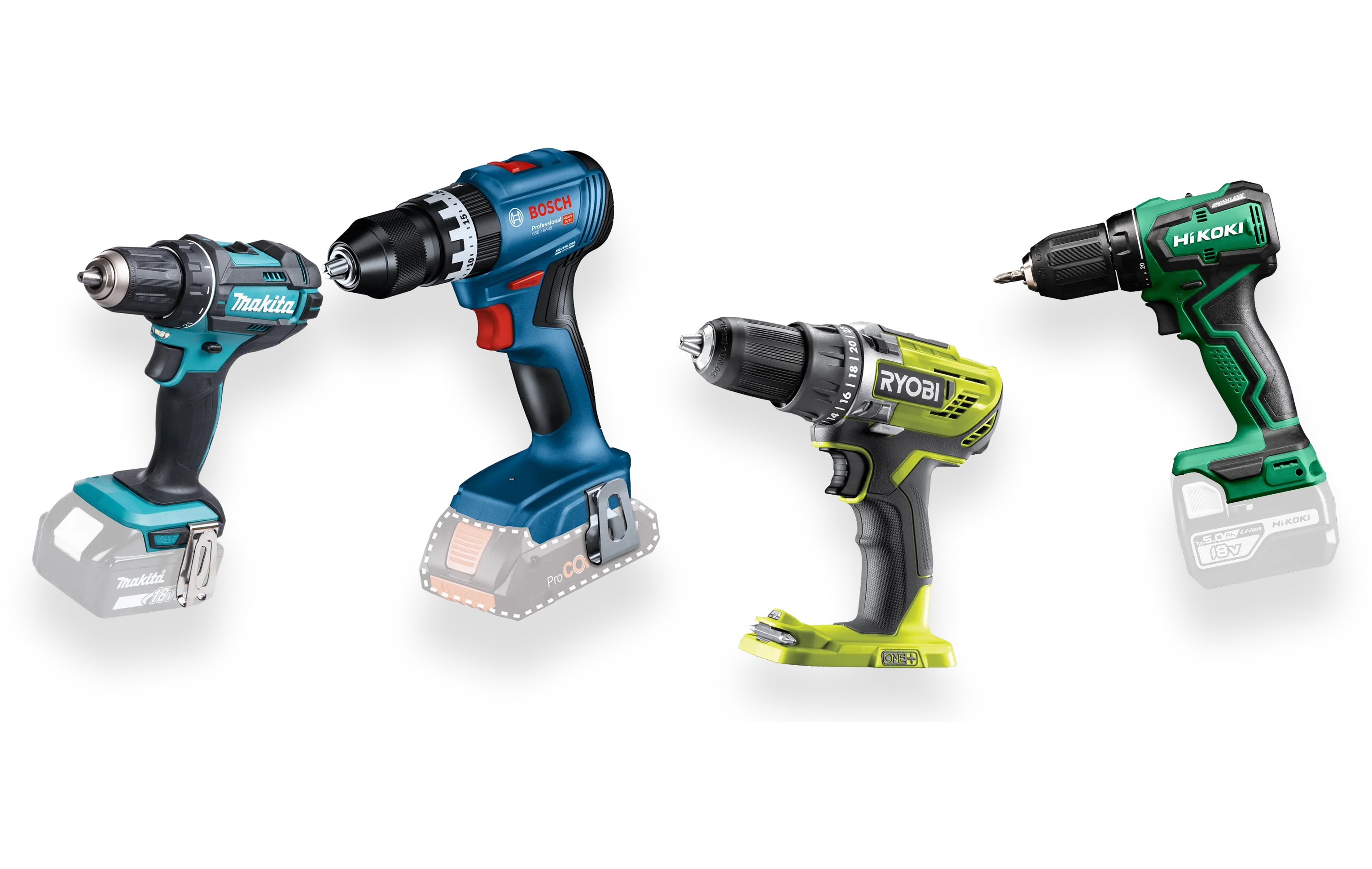 Vier 18-V-Akku-Bohrschrauber von Makita, Bosch, Ryobi und HiKOKI schwebend nebeneinander