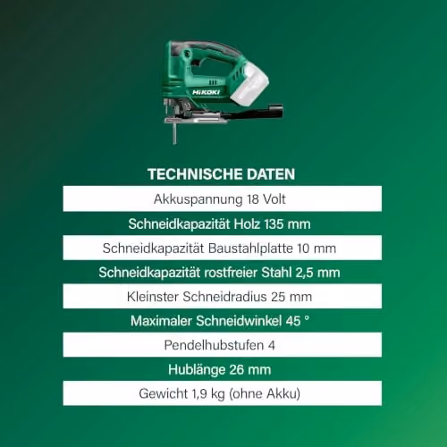 HiKOKI CJ18DAW2Z Akku-Stichsäge 18 V in Grün und Schwarz, ohne Akku