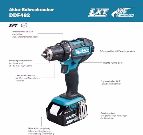 Makita DDF482Z Akku-Bohrschrauber 18 V in Petrol und Schwarz, ohne Akku