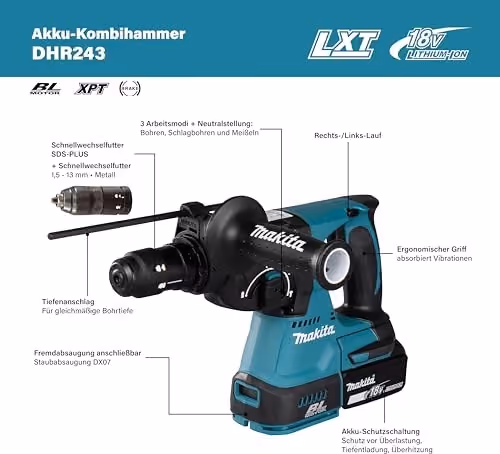 Makita DHR243Z Akku-Kombihammer SDS-plus 18 V in Petrol und Schwarz, ohne Akku