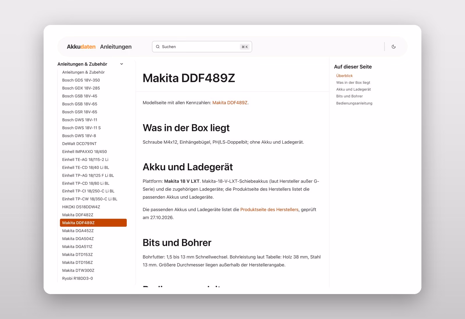 Seite mit Zubehör und Anleitungen zu einem Modell